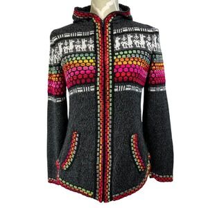 Colorful Alpaca Hooded Zip Up Jacket Women's M Geometric‎ Pattern Rainbow
